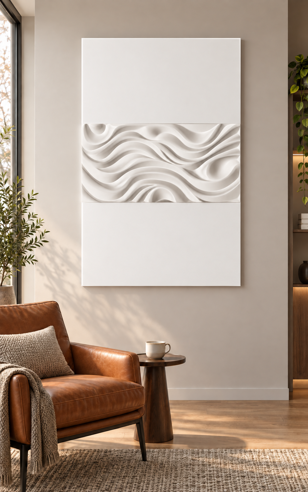 Rolling Wave Troughs satin white Corian wall panel, front view in a warm-grey Mumbai reading corner with a cognac leather chair.