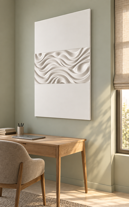 Rolling Wave Troughs satin white Corian wall panel, right view in a pale sage Mumbai home study with an oak writing desk.