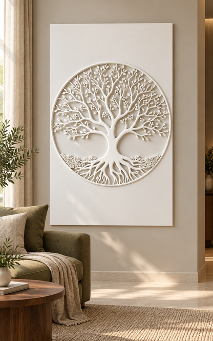 Rooted Blossom Tree Corian wall panel, front view in a Chembur apartment family lounge
