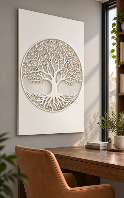 Rooted Blossom Tree Corian wall panel, left view in a Santacruz apartment study