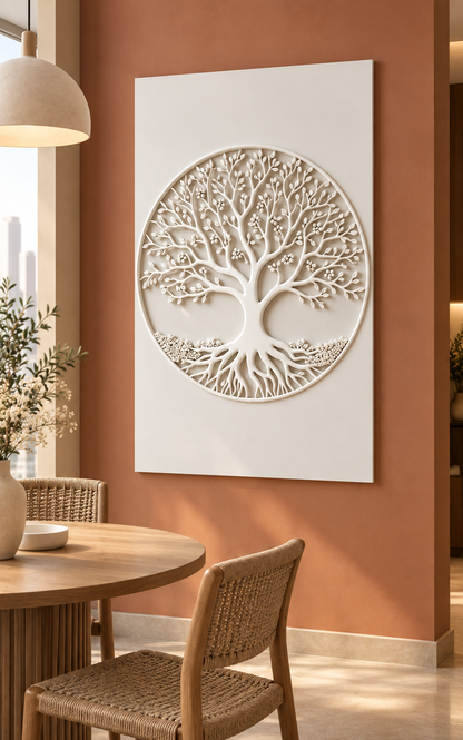 Rooted Blossom Tree Corian wall panel, right view in a Lower Parel apartment dining alcove