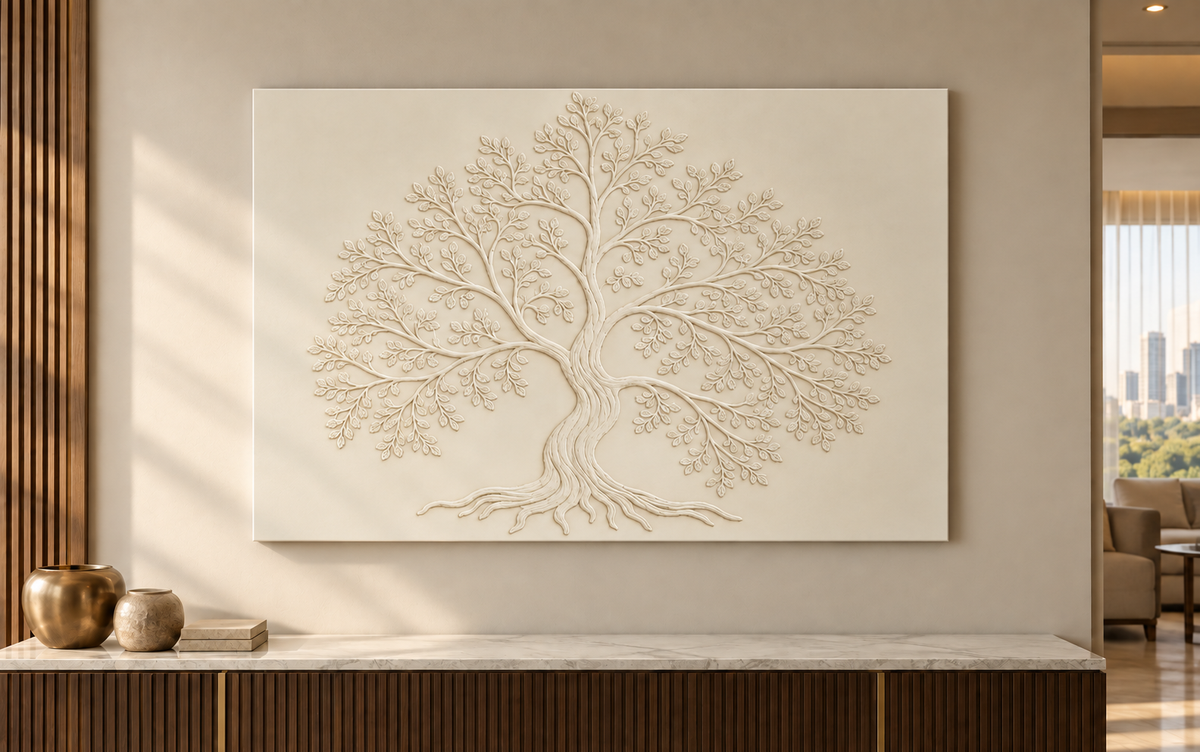Rooted Canopy Tree Corian wall panel, 4 x 2.5 ft, front view in a Luxury Mumbai living-room console