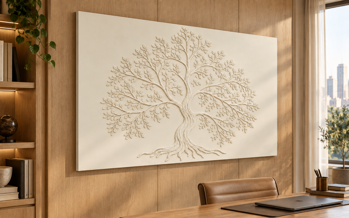 Rooted Canopy Tree Corian wall panel, 4 x 2.5 ft, left view in a Natural oak study wall