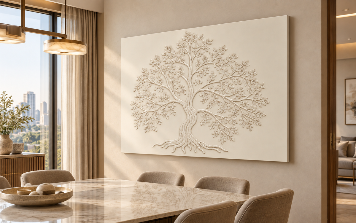 Rooted Canopy Tree Corian wall panel, 4 x 2.5 ft, right view in a Stone and linen dining nook
