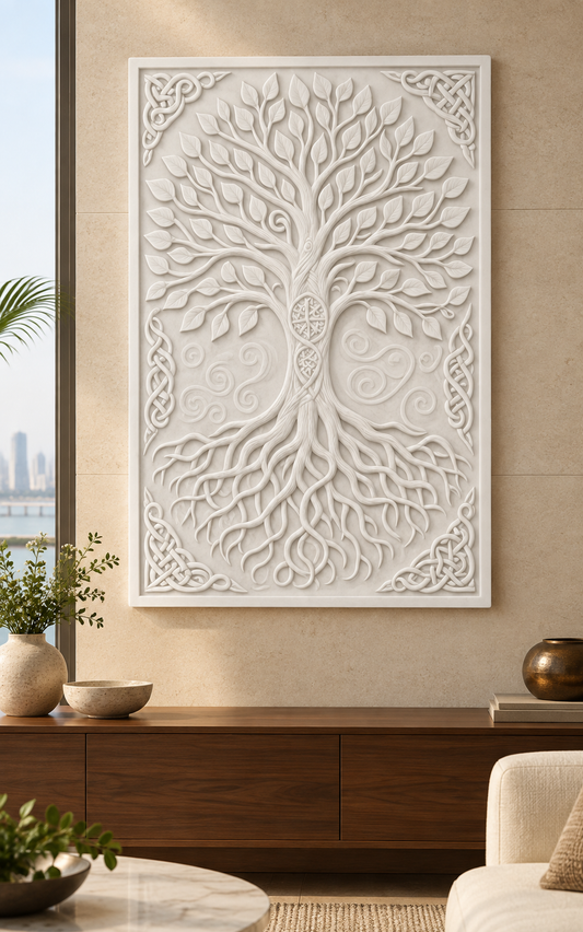Rooted Tree Knotwork Corian wall panel, front view in a Worli living room, with shallow satin white relief