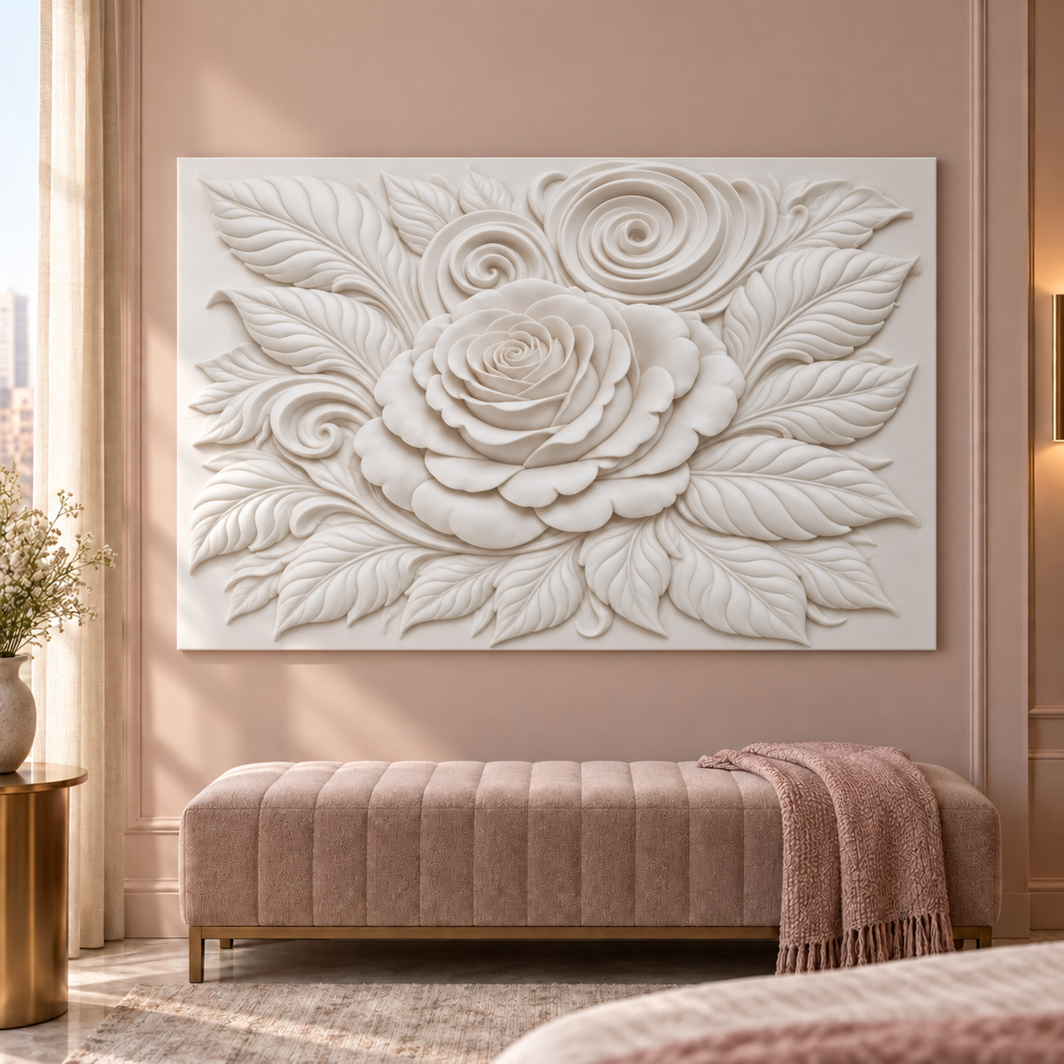 Rose and Curling Leaves Corian wall panel, 4 x 2.5 ft, front view in bedroom sitting area, 12–24 mm total depth