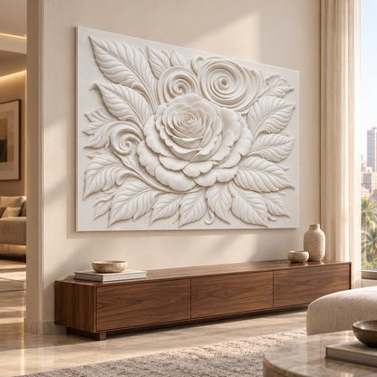 Rose and Curling Leaves Corian wall panel, 4 x 2.5 ft, left view in living room, 12–24 mm total depth