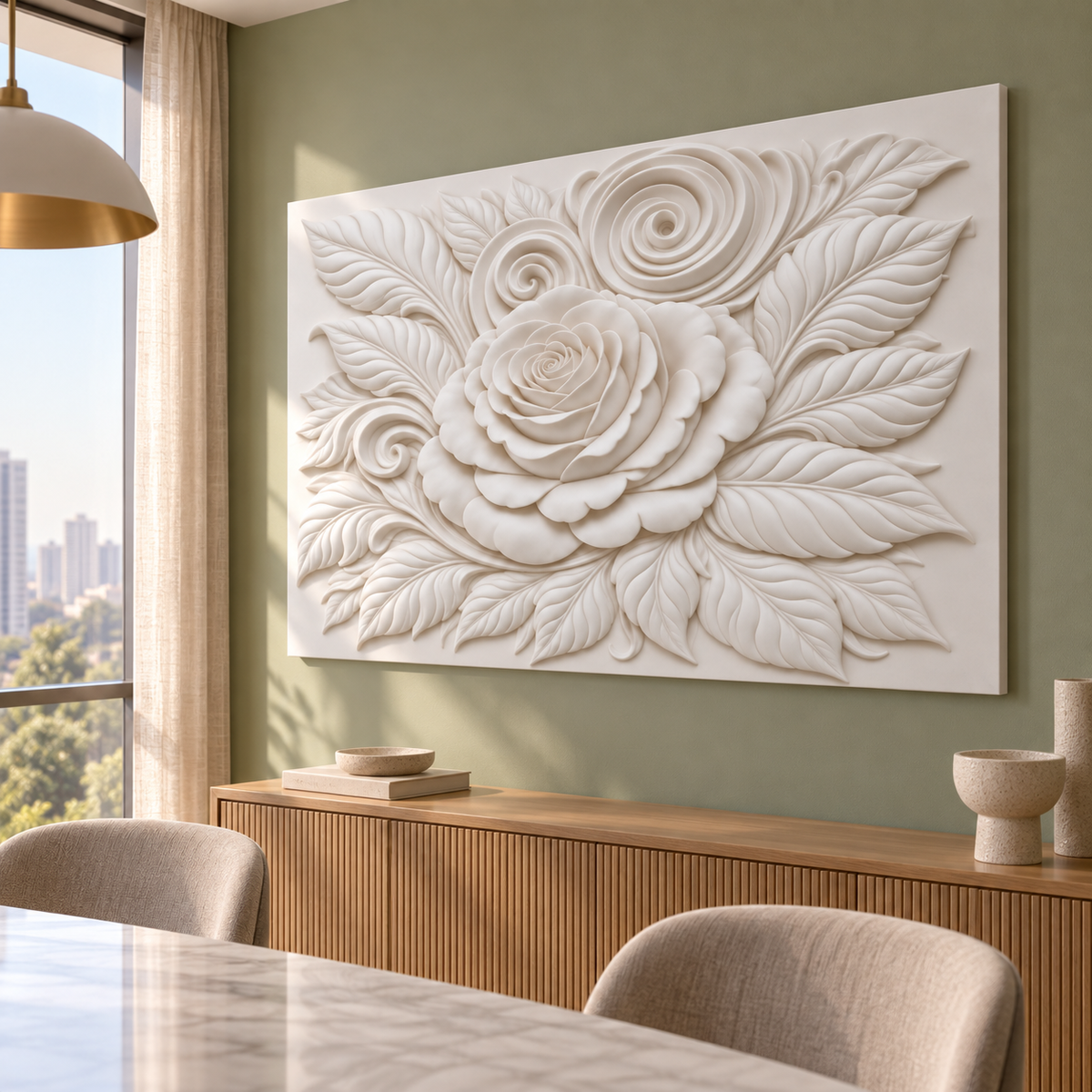 Rose and Curling Leaves Corian wall panel, 4 x 2.5 ft, right view in dining nook, 12–24 mm total depth