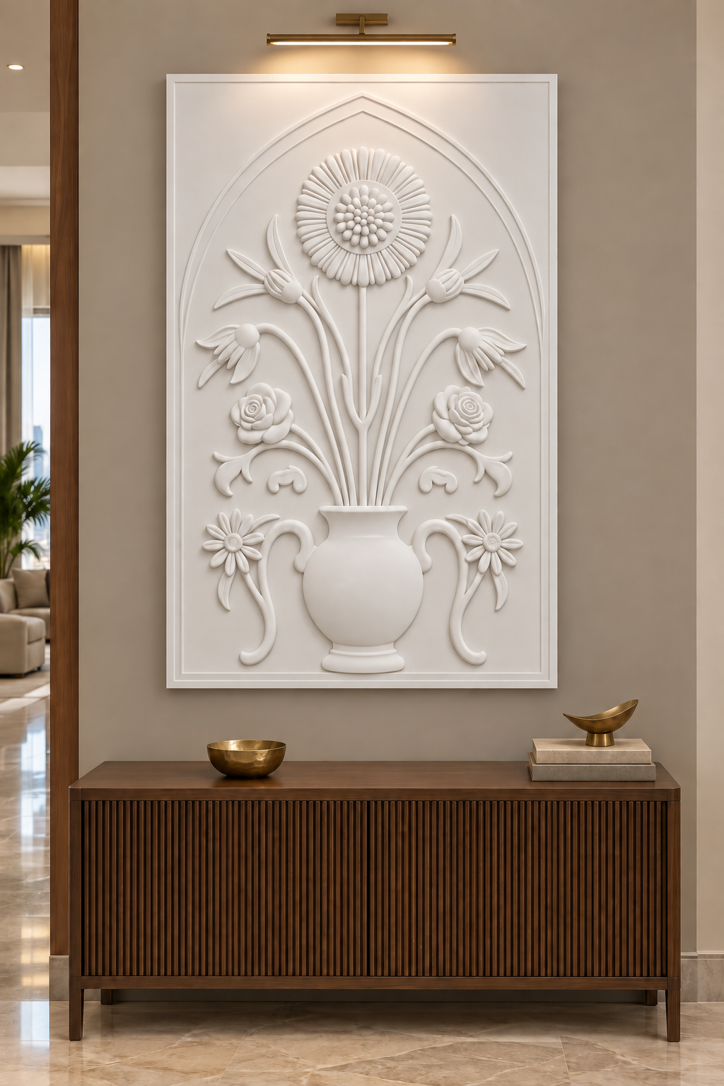 Rose Bellflower Daisy Urn Corian wall panel, front view in a refined Mumbai apartment foyer with a walnut console and brass lighting; AI-assisted concept visualisation