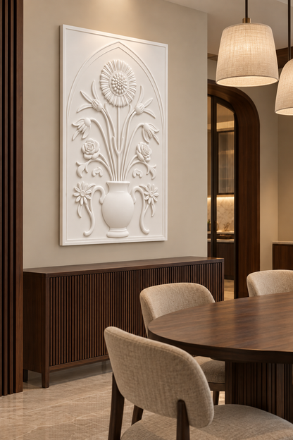 Rose Bellflower Daisy Urn Corian wall panel, left view in a Mumbai dining nook with a dark walnut sideboard, oval table and linen pendants; AI-assisted concept visualisation