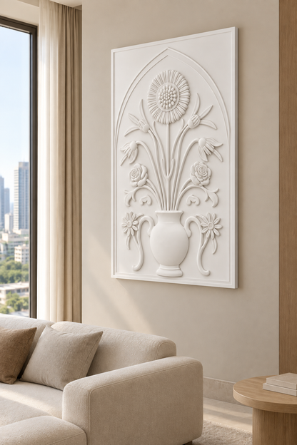 Rose Bellflower Daisy Urn Corian wall panel, right view in a Mumbai living room with a low ivory sofa, pale oak side table and soft window light; AI-assisted concept visualisation