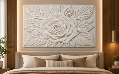 Rose Leaf Halo Corian wall panel, front view in a Mumbai bedroom feature wall; AI-assisted concept visualisation
