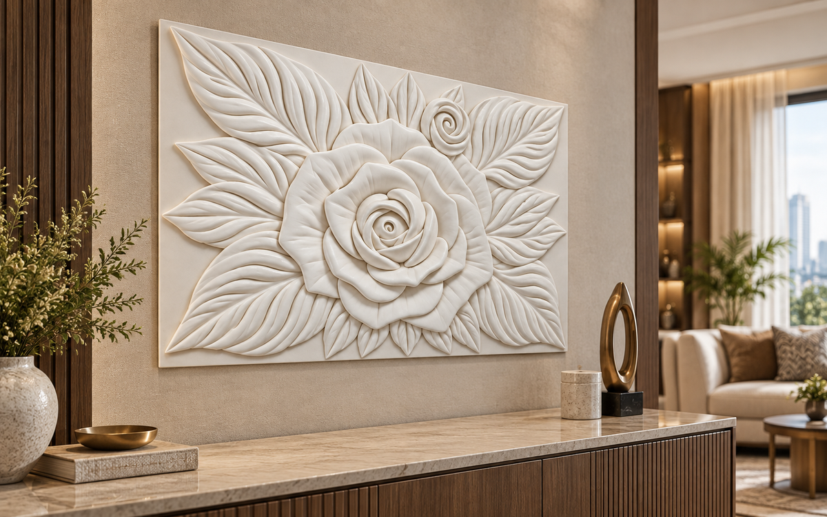 Rose Leaf Halo Corian wall panel, left view in a Mumbai living room console wall; AI-assisted concept visualisation