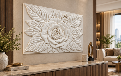 Rose Leaf Halo Corian wall panel, left view in a Mumbai living room console wall; AI-assisted concept visualisation