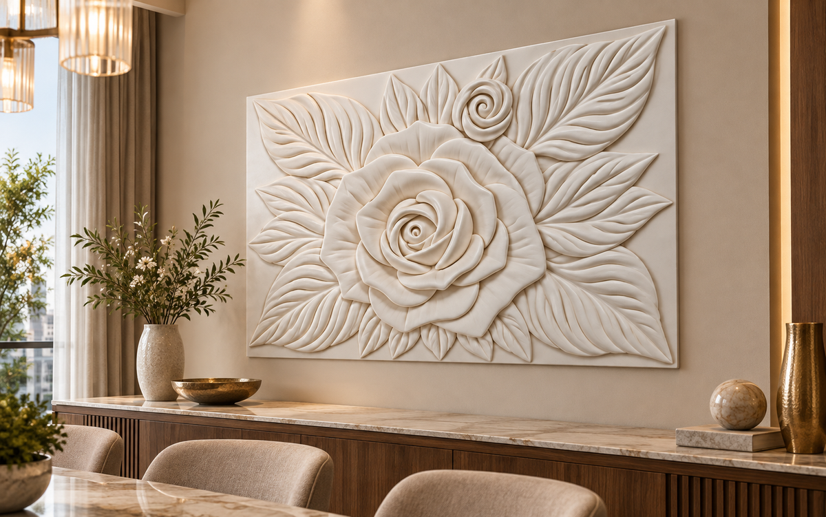 Rose Leaf Halo Corian wall panel, right view in a Mumbai dining room sideboard wall; AI-assisted concept visualisation