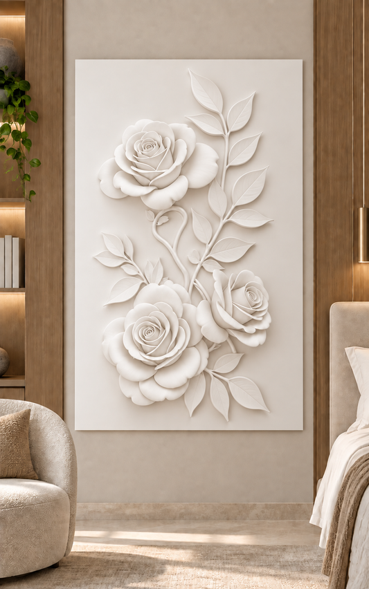 Rose Trio Climbing Vine Corian wall panel, front view in a Bandra bedroom reading alcove