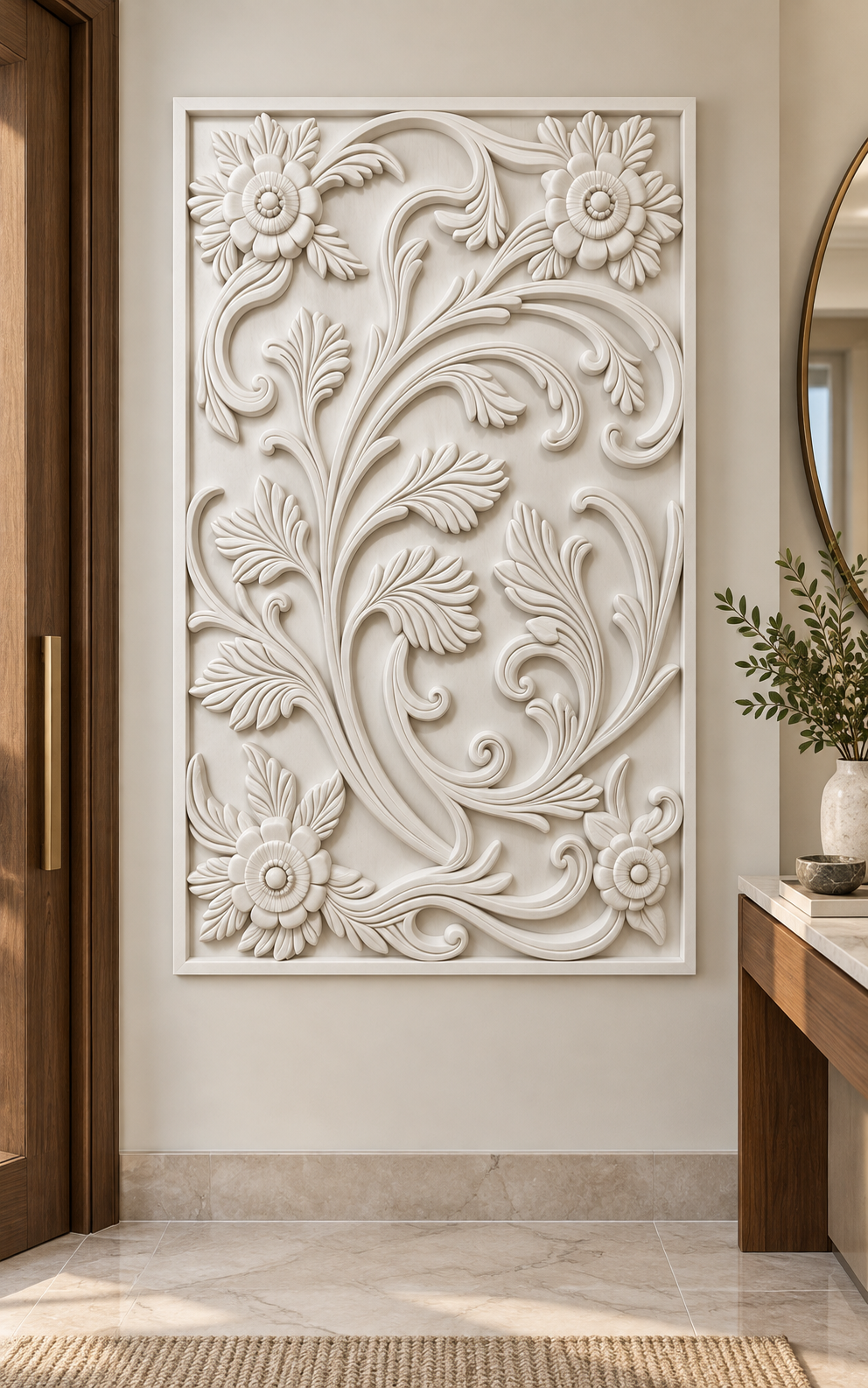 Rosette Acanthus Scrollwork Corian wall panel, front view in a Bandra apartment entrance foyer