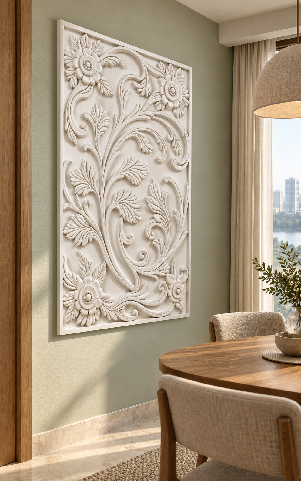 Rosette Acanthus Scrollwork Corian wall panel, left view in a Powai apartment dining nook