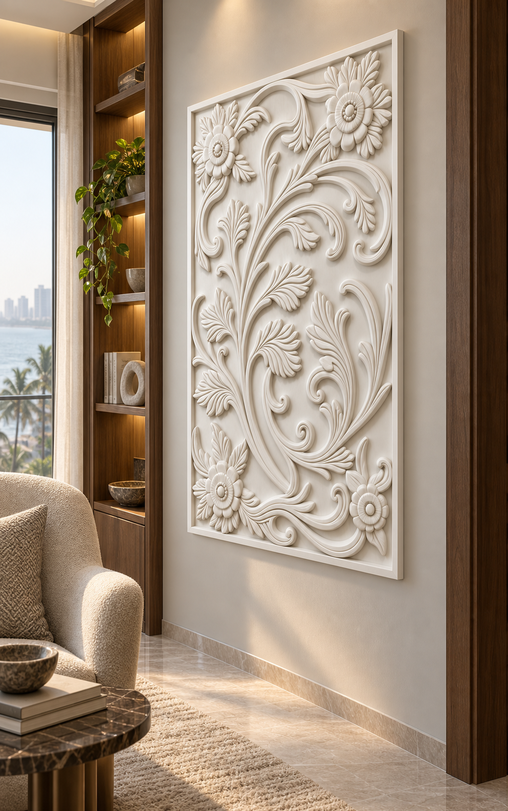 Rosette Acanthus Scrollwork Corian wall panel, right view in a Juhu apartment reading alcove