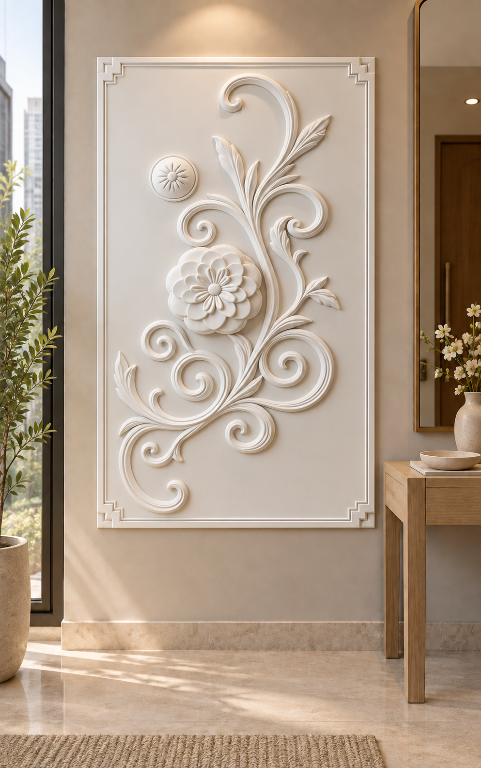 Rosette and Scroll Climber Corian wall panel, front view in a Mumbai entrance foyer; AI-assisted concept visualisation
