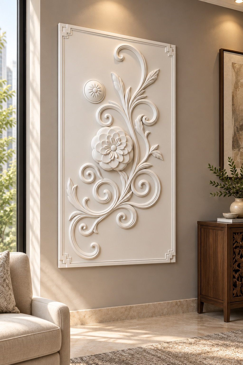 Rosette and Scroll Climber Corian wall panel, left view in a Mumbai classic living room accent wall; AI-assisted concept visualisation