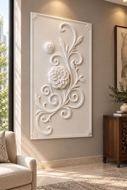 Rosette and Scroll Climber Corian wall panel, left view in a Mumbai classic living room accent wall; AI-assisted concept visualisation