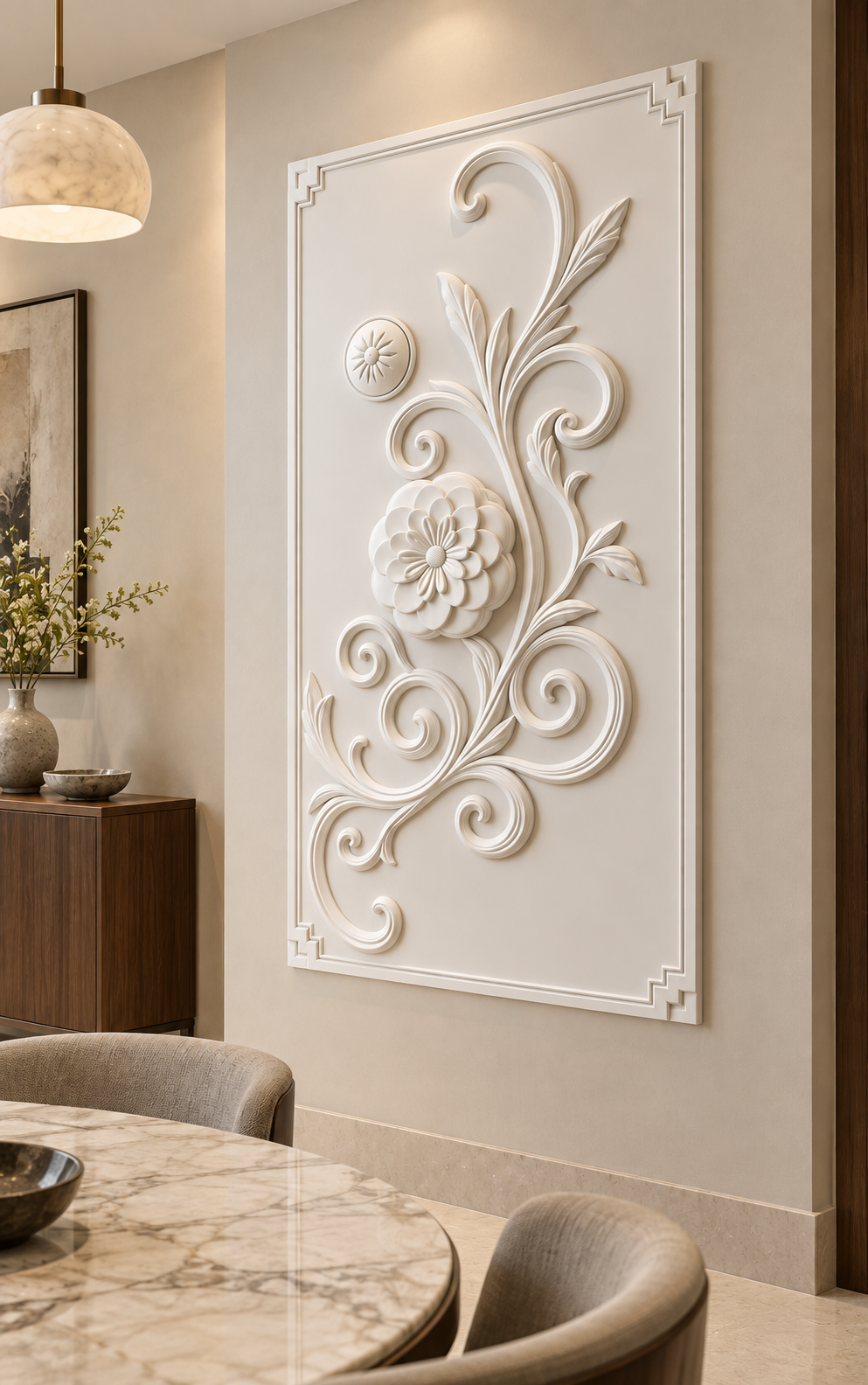 Rosette and Scroll Climber Corian wall panel, right view in a Mumbai dining room display wall; AI-assisted concept visualisation