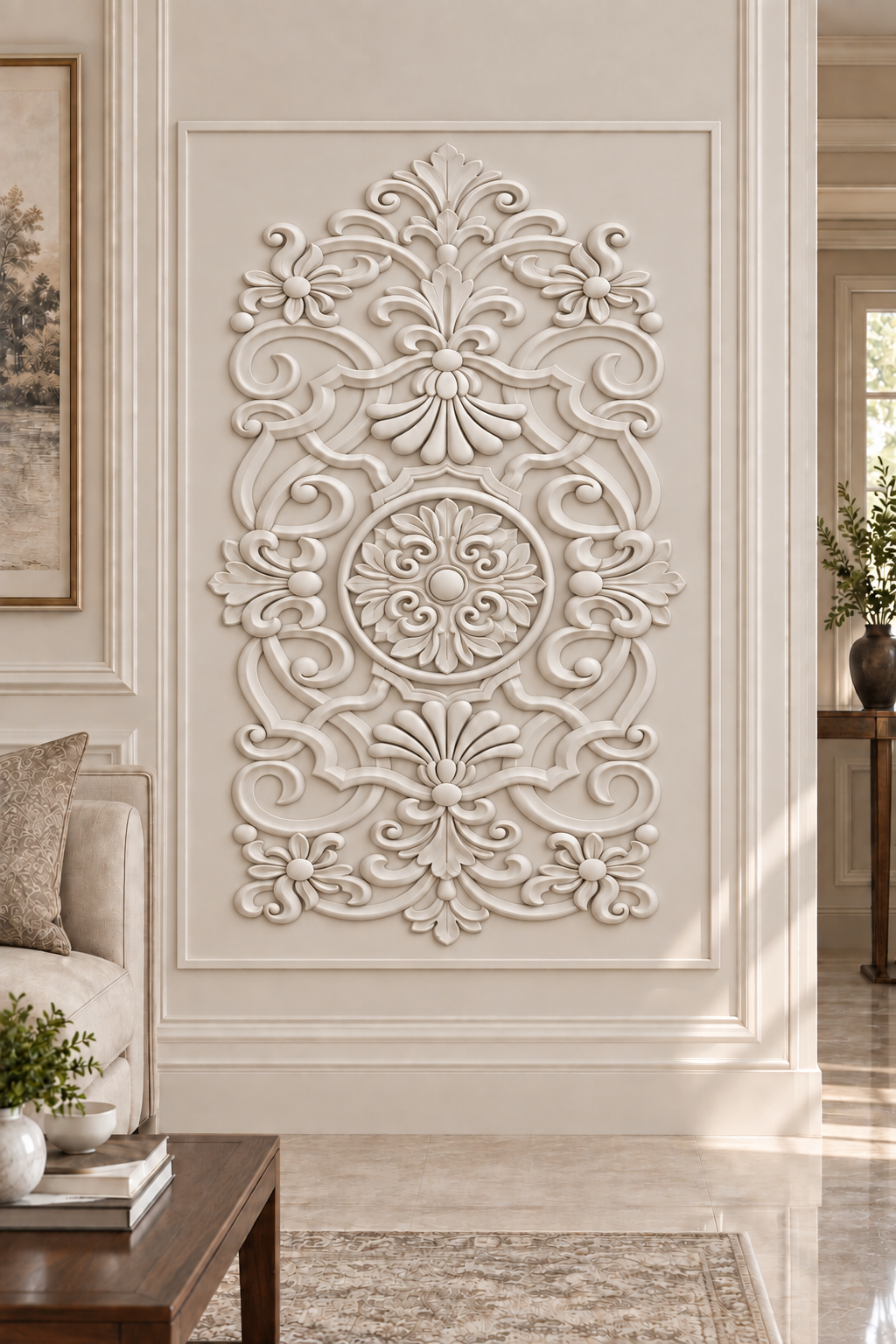 Rosette and Shell Scrollwork Corian wall panel, front view in a Mumbai classic living room; AI-assisted concept visualisation