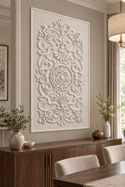 Rosette and Shell Scrollwork Corian wall panel, left view in a Mumbai dining room sideboard wall; AI-assisted concept visualisation