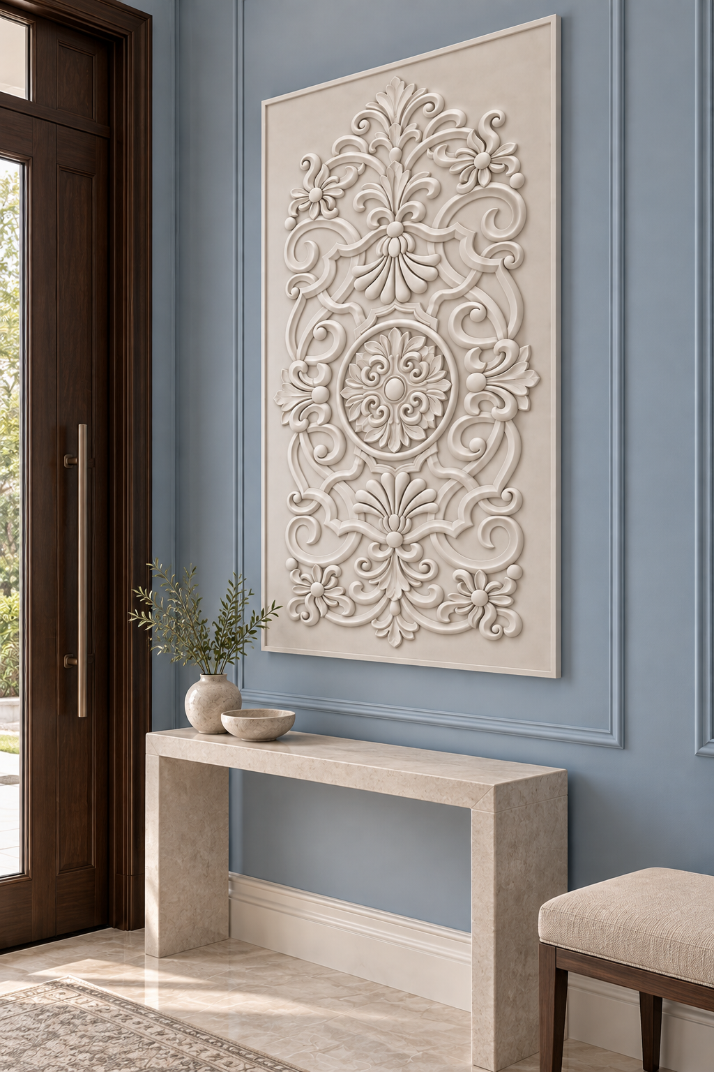 Rosette and Shell Scrollwork Corian wall panel, right view in a Mumbai entrance reception hall; AI-assisted concept visualisation