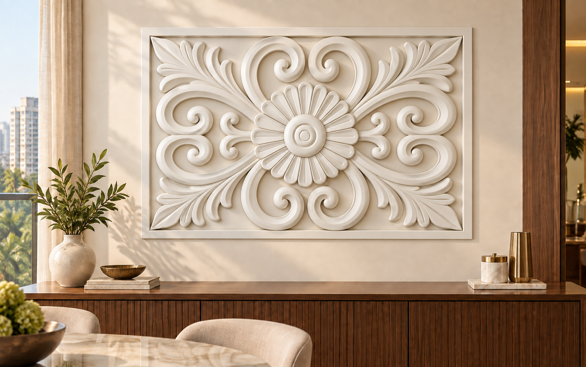 Rosette Corner Scrolls Corian wall panel, front view in a Mumbai dining room sideboard wall; AI-assisted concept visualisation