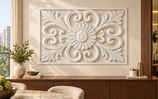 Rosette Corner Scrolls Corian wall panel, front view in a Mumbai dining room sideboard wall; AI-assisted concept visualisation