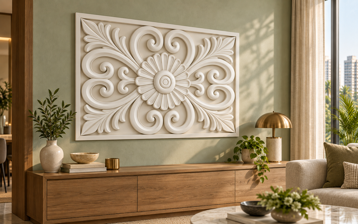 Rosette Corner Scrolls Corian wall panel, left view in a Mumbai living room console wall; AI-assisted concept visualisation