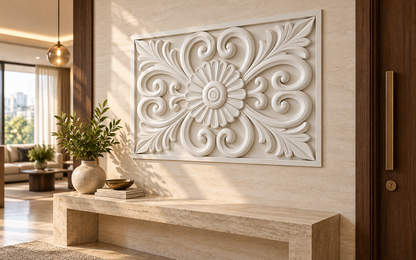 Rosette Corner Scrolls Corian wall panel, right view in a Mumbai entrance reception area; AI-assisted concept visualisation