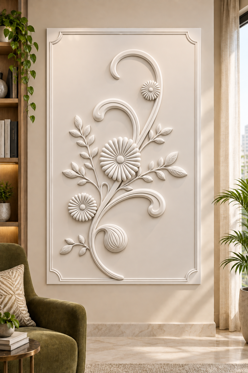 Rosette Scroll Stem Corian wall panel, front view in a Mumbai living room reading corner; AI-assisted concept visualisation