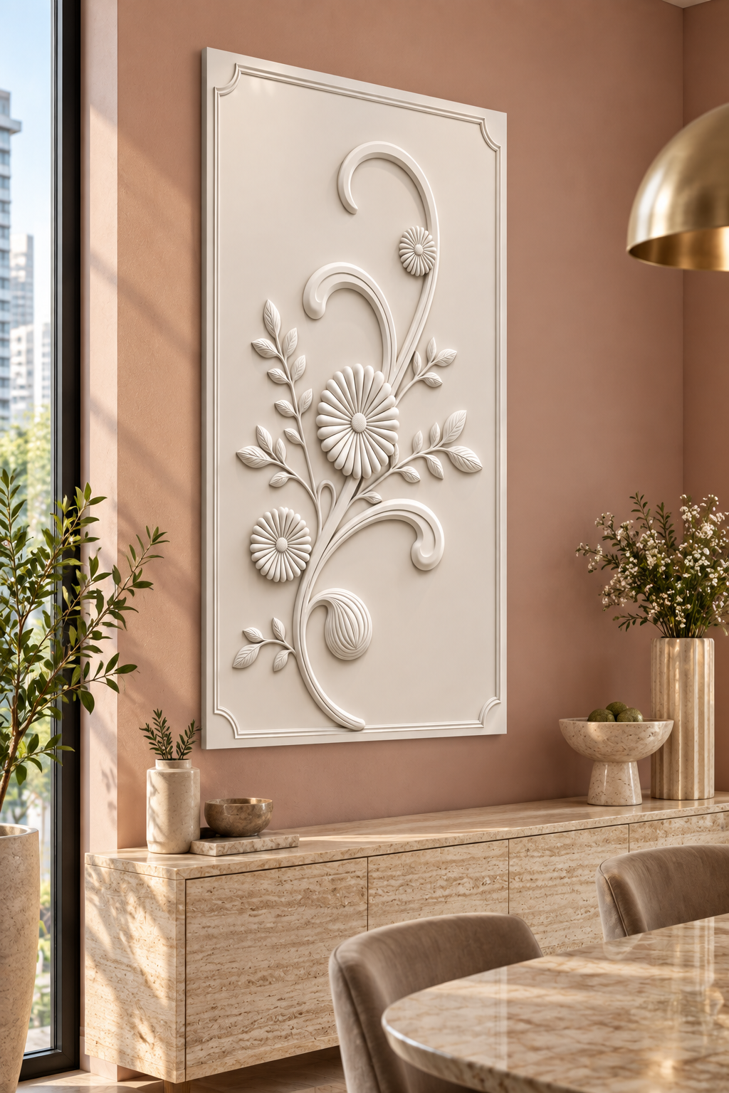 Rosette Scroll Stem Corian wall panel, left view in a Mumbai dining room console wall; AI-assisted concept visualisation