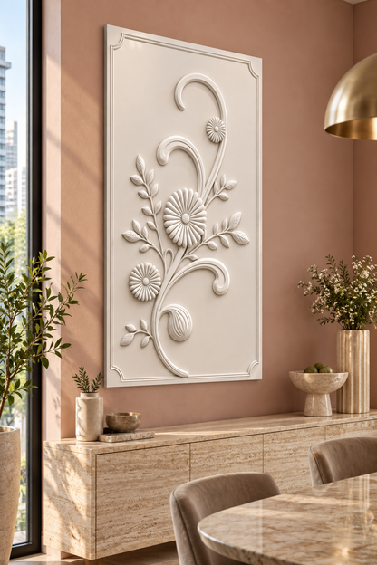 Rosette Scroll Stem Corian wall panel, left view in a Mumbai dining room console wall; AI-assisted concept visualisation