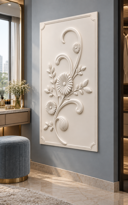 Rosette Scroll Stem Corian wall panel, right view in a Mumbai bedroom dressing area; AI-assisted concept visualisation