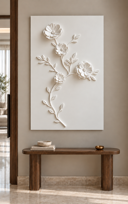 CWP-661 Rounded Blossom Branch Corian Wall Panel, 2.5 ft wide x 4 ft high, front view in a Mumbai entry foyer; AI-assisted concept visualisation