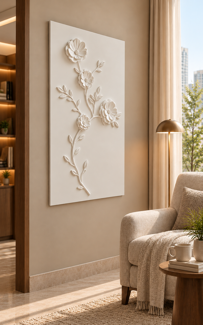 CWP-661 Rounded Blossom Branch Corian Wall Panel, 2.5 ft wide x 4 ft high, left view in a Mumbai reading corner; AI-assisted concept visualisation