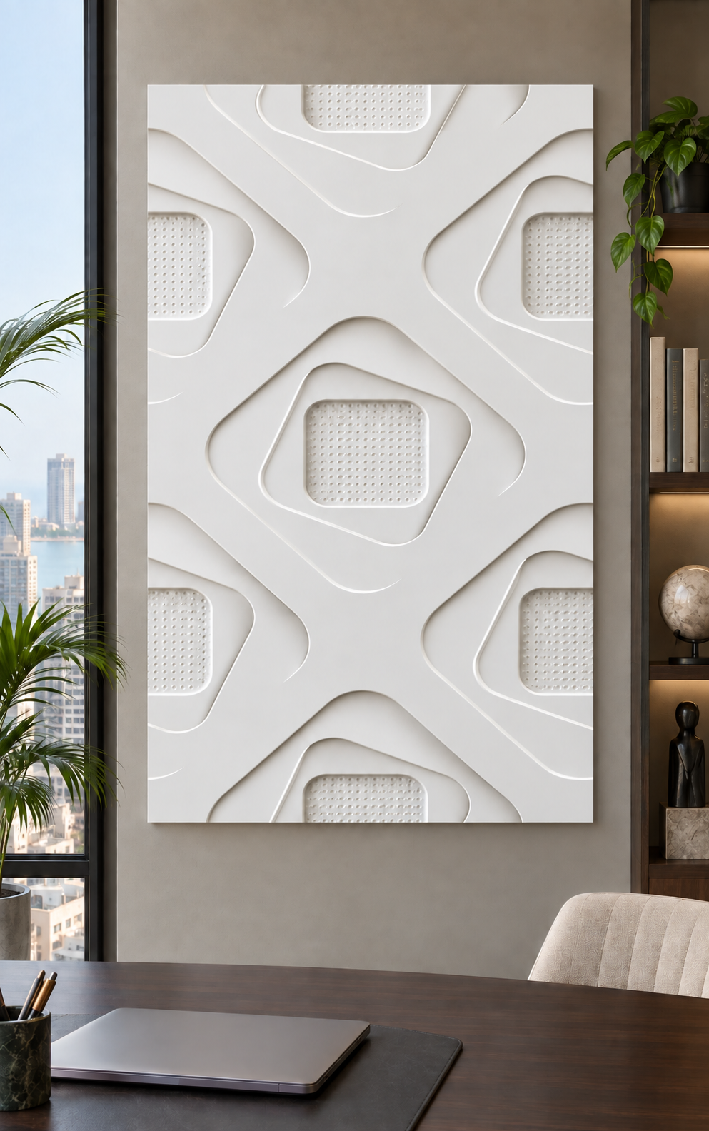 Rounded Diamond Recess Corian wall panel, front view in a Mumbai home office feature wall; AI-assisted concept visualisation