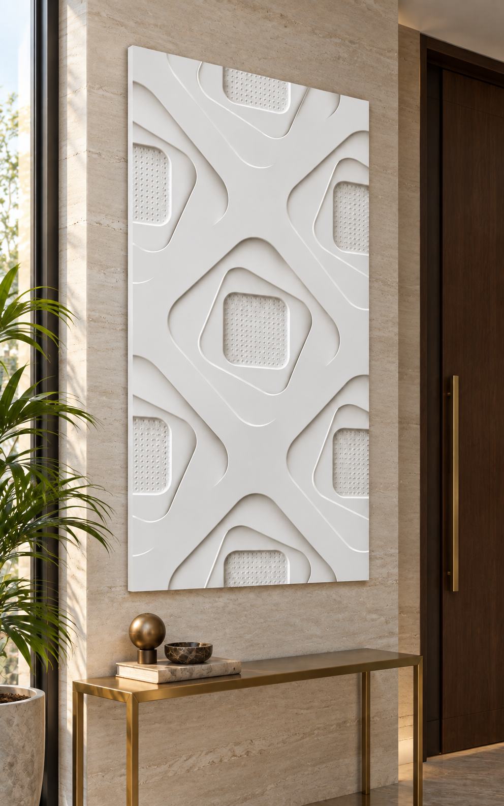 Rounded Diamond Recess Corian wall panel, left view in a Mumbai contemporary entrance foyer; AI-assisted concept visualisation