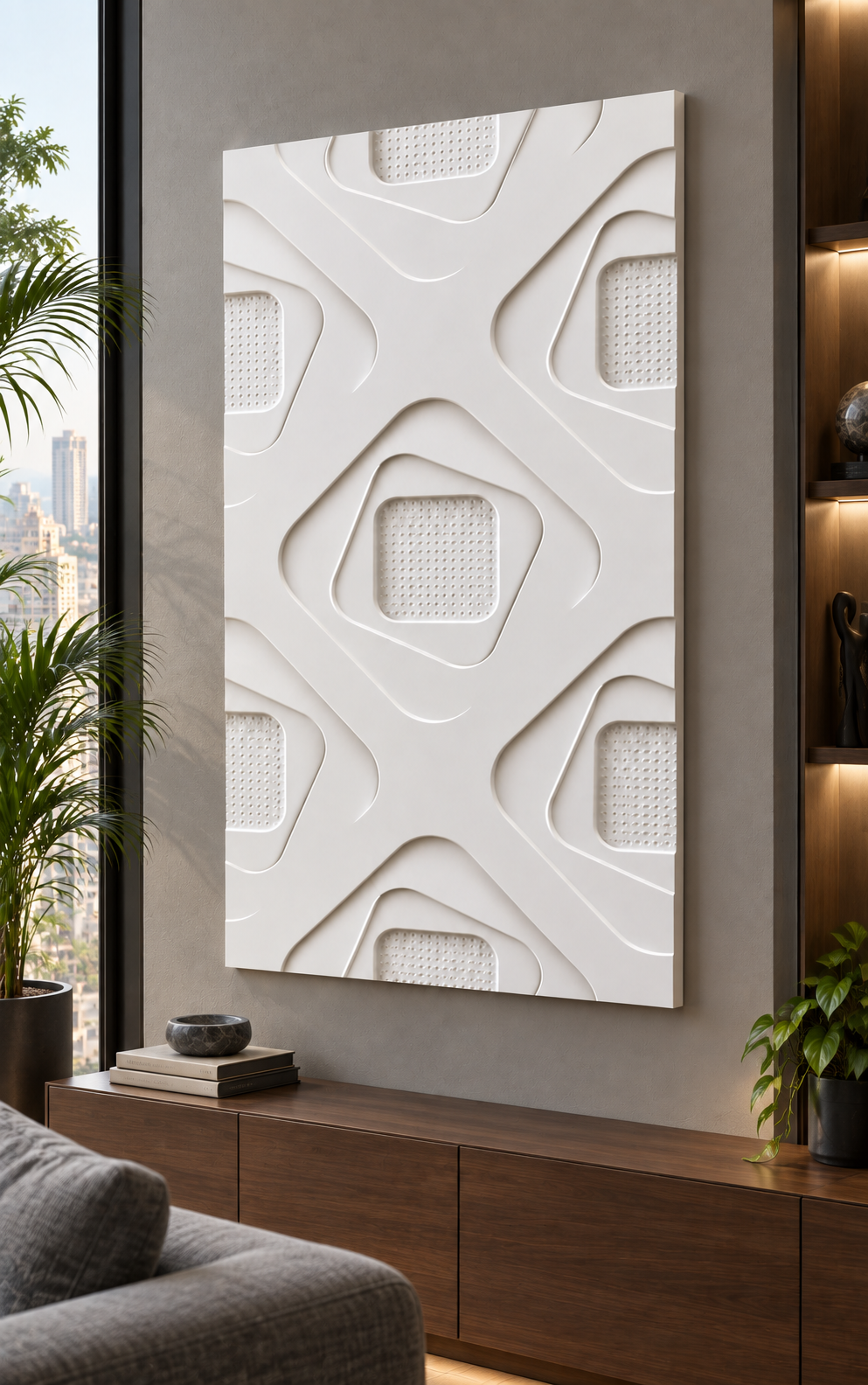 Rounded Diamond Recess Corian wall panel, right view in a Mumbai media room side wall; AI-assisted concept visualisation