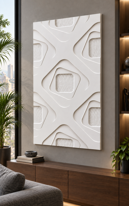 Rounded Diamond Recess Corian wall panel, right view in a Mumbai media room side wall; AI-assisted concept visualisation