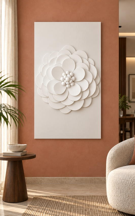 Rounded Petal Rosette Corian wall panel, front view in a Worli apartment family lounge