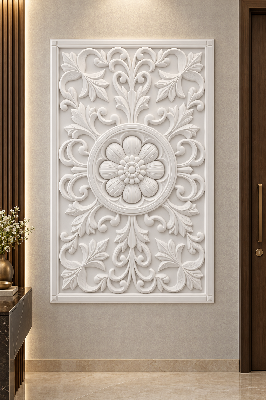 Roundel Garden Bloom Corian wall panel, front view on an entrance reception wall in a Mumbai home; AI-assisted concept visualisation