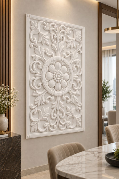 Roundel Garden Bloom Corian wall panel, left view on a dining room display wall in a Mumbai home; AI-assisted concept visualisation