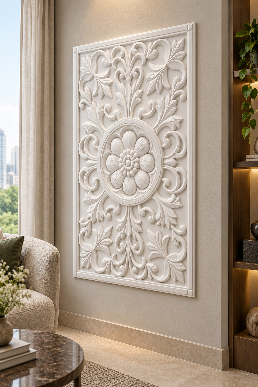 Roundel Garden Bloom Corian wall panel, right view on a living room reading alcove in a Mumbai home; AI-assisted concept visualisation