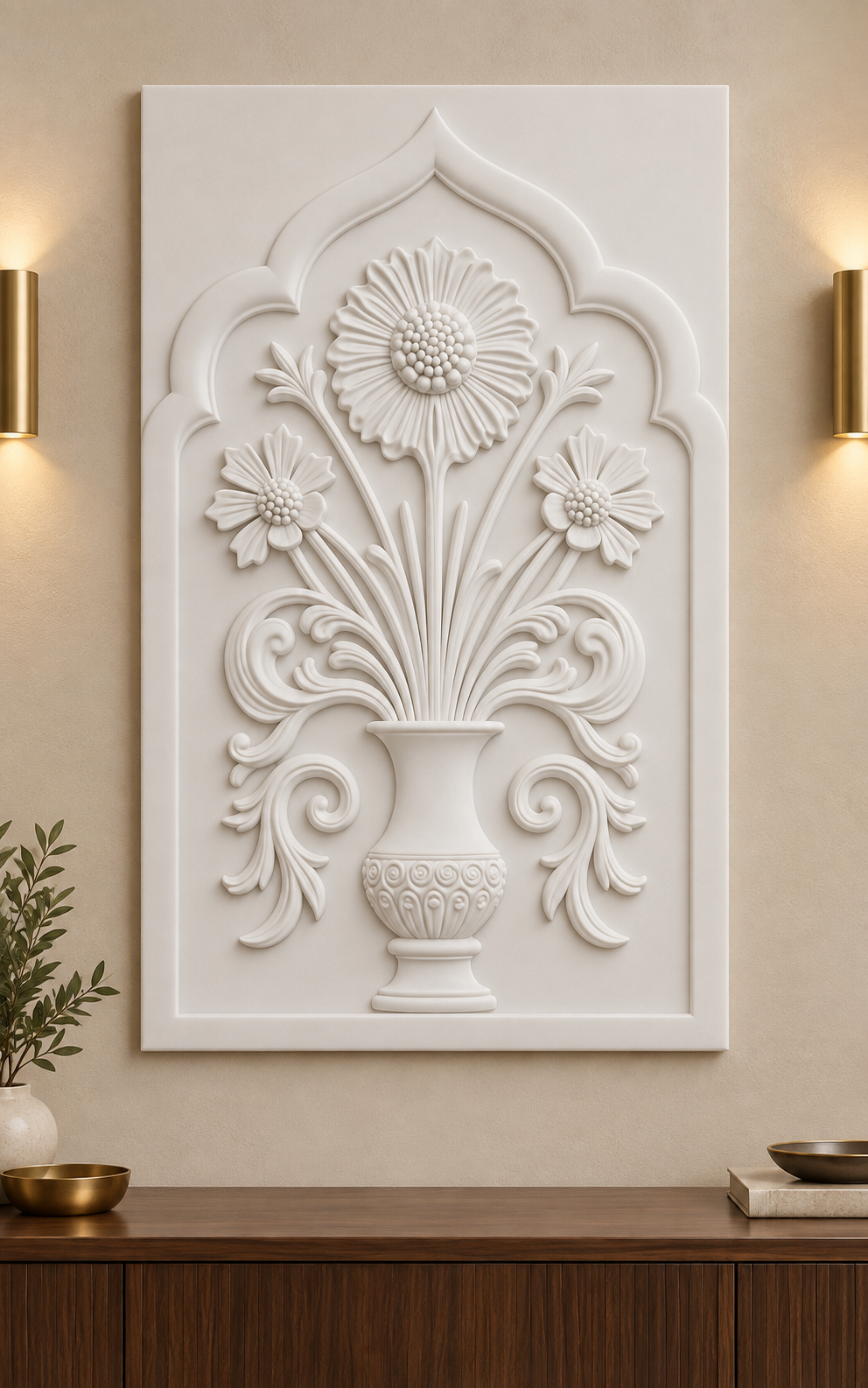Ruffled Bloom Acanthus Urn Corian wall panel, front view in a refined Mumbai apartment foyer with a walnut console and brass lighting; AI-assisted concept visualisation