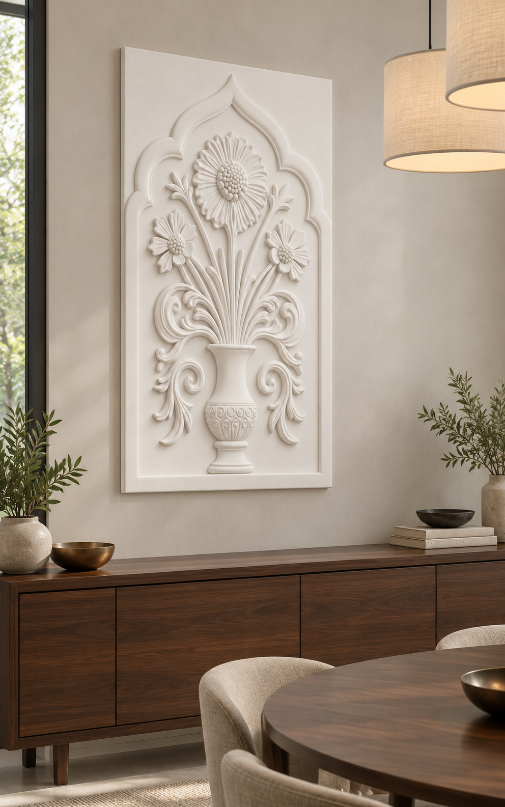 Ruffled Bloom Acanthus Urn Corian wall panel, left view in a Mumbai dining nook with a dark walnut sideboard, oval table and linen pendants; AI-assisted concept visualisation